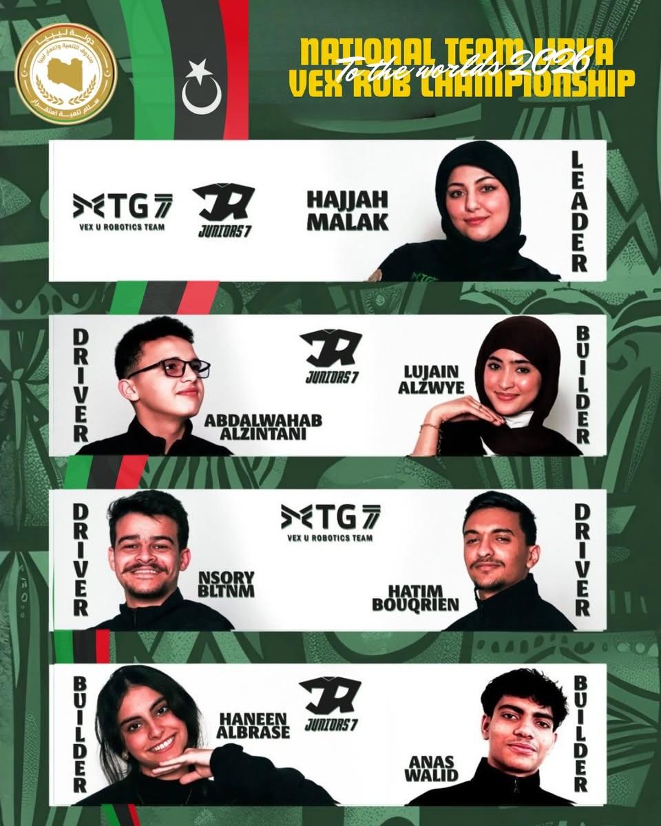تصميم يعرض صور أعضاء فريقي MTG7 وJuniors7 وأسماءهم وأدوارهم لبطولة العالم 2026.